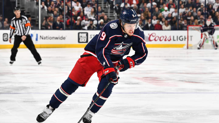 COLUMBUS, OH – APRIL 23: Artemi Panarin #9 of the Columbus Blue Jackets skates against the Washington Capitals in Game Six of the Eastern Conference First Round during the 2018 NHL Stanley Cup Playoffs on April 23, 2018 at Nationwide Arena in Columbus, Ohio. (Photo by Jamie Sabau/NHLI via Getty Images) *** Local Caption *** Artemi Panarin
