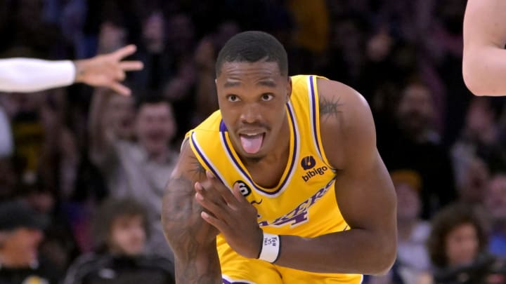 May 12, 2023; Los Angeles, California, USA; Los Angeles Lakers guard Lonnie Walker IV (4) reacts after a 3 point basket in the second half of game six of the 2023 NBA playoffs against the Golden State Warriors at Crypto.com Arena. Mandatory Credit: Jayne Kamin-Oncea-USA TODAY Sports
