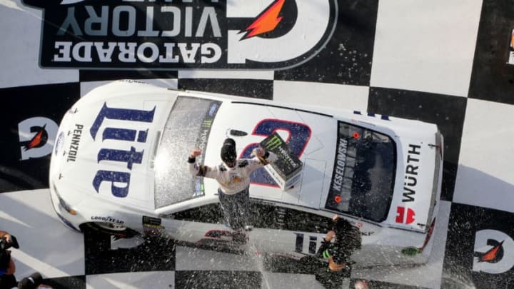 DAYTONA BEACH, FL - FEBRUARY 11: Brad Keselowski, driver of the #2 Miller Lite Ford, celebrates in Victory Lane after winning the Monster Energy NASCAR Cup Series Advance Auto Parts Clash at Daytona International Speedway on February 11, 2018 in Daytona Beach, Florida. (Photo by Jerry Markland/Getty Images)