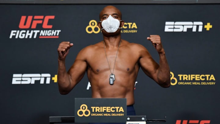 LAS VEGAS, NEVADA - OCTOBER 30: In this handout image provided by UFC, Anderson Silva of Brazil poses on the scale during the UFC Fight Night weigh-in at UFC APEX on October 30, 2020 in Las Vegas, Nevada. (Photo by Jeff Bottari/Zuffa LLC via Getty Images)