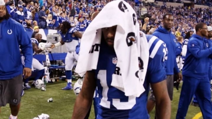 oDec 14, 2014; Indianapolis, IN, USA; Indianapolis Colts wide receiver T.Y. Hilton (13) walks off the field with his left knee wrapped up after the game against the Houston Texans at Lucas Oil Stadium. Indianapolis defeats Houston 17-10. Mandatory Credit: Brian Spurlock-USA TODAY Sports