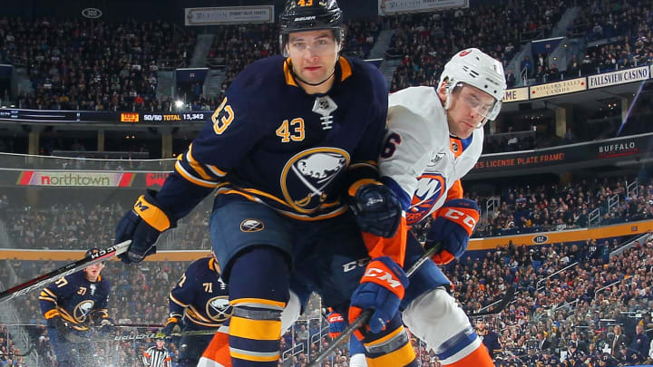 BUFFALO, NY – DECEMBER 31: Conor Sheary #43 of the Buffalo Sabres skates against the New York Islanders during an NHL game on December 31, 2018 at KeyBank Center in Buffalo, New York. (Photo by Bill Wippert/NHLI via Getty Images)