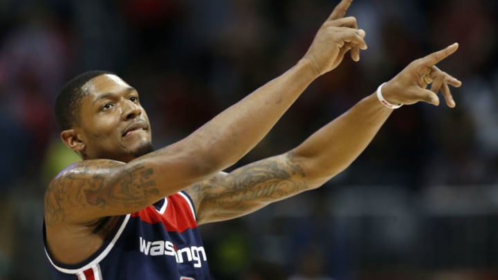 ATLANTA, GA - APRIL 28: Guard Bradley Beal #3 of the Washington Wizards celebrates during Game Six of the Eastern Conference Quarterfinals against the Atlanta Hawks at Philips Arena on April 28, 2017 in Atlanta, Georgia. NOTE TO USER: User expressly acknowledges and agrees that, by downloading and or using this photograph, User is consenting to the terms and conditions of the Getty Images License Agreement. (Photo by Mike Zarrilli/Getty Images)