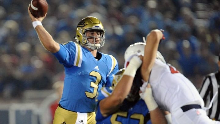 October 1, 2016; Pasadena, CA, USA; UCLA Bruins quarterback Josh Rosen (3) throws a pass against the Arizona Wildcats during the first half at Rose Bowl. Mandatory Credit: Gary A. Vasquez-USA TODAY Sports