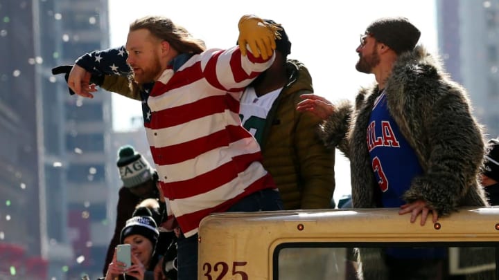PHILADELPHIA, PA - FEBRUARY 08: Beau Allen and Chris Long of the Philadelphia Eagles during their Super Bowl Victory Parade on February 8, 2018 in Philadelphia, Pennsylvania. (Photo by Rich Schultz/Getty Images)