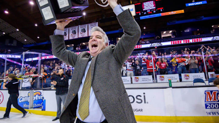 ROSEMONT, IL - JUNE 08: Charlotte Checkers head coach Mike Vellucci celebrates after game five of the AHL Calder Cup Finals against the Chicago Wolves on June 8, 2019, at the Allstate Arena in Rosemont, IL. (Photo by Patrick Gorski/Icon Sportswire via Getty Images)