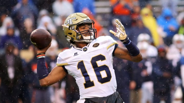 CHARLOTTESVILLE, VA – NOVEMBER 4: TaQuon Marshall #16 of the Georgia Tech Yellow Jackets throws a pass in the first quarter during a game against the Virginia Cavaliers at Scott Stadium on November 4, 2017 in Charlottesville, Virginia. (Photo by Ryan M. Kelly/Getty Images)
