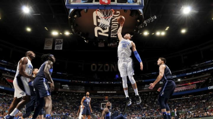 ORLANDO, FL – APRIL 4: Aaron Gordon #00 of the Orlando Magic dunks the ball during the game against the Dallas Mavericks on April 4, 2018 at Amway Center in Orlando, Florida. NOTE TO USER: User expressly acknowledges and agrees that, by downloading and or using this photograph, User is consenting to the terms and conditions of the Getty Images License Agreement. Mandatory Copyright Notice: Copyright 2018 NBAE (Photo by Fernando Medina/NBAE via Getty Images)