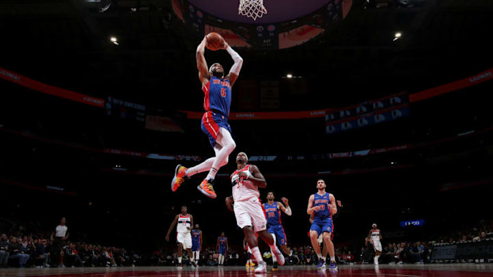 WASHINGTON, DC -  NOVEMBER 4: Bruce Brown #6 of the Detroit Pistons dunks the ball against the Washington Wizards on November 4, 2019 at Capital One Arena in Washington, DC. NOTE TO USER: User expressly acknowledges and agrees that, by downloading and or using this Photograph, user is consenting to the terms and conditions of the Getty Images License Agreement. Mandatory Copyright Notice: Copyright 2019 NBAE (Photo by Ned Dishman/NBAE via Getty Images)