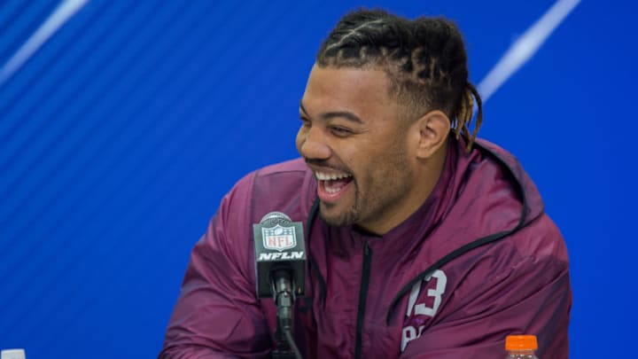 INDIANAPOLIS, IN - MARCH 01: Louisiana State running back Derrius Guice answers questions from the media during the NFL Scouting Combine on March 1, 2018 at the Indiana Convention Center in Indianapolis, IN. (Photo by Zach Bolinger/Icon Sportswire via Getty Images)
