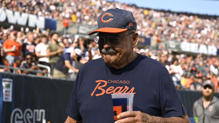 CHICAGO, ILLINOIS – SEPTEMBER 10: Former Chicago Bear Dick Butkus is seen on the sideline during the game between the Chicago Bears and the Green Bay Packers at Soldier Field on September 10, 2023 in Chicago, Illinois. (Photo by Quinn Harris/Getty Images)