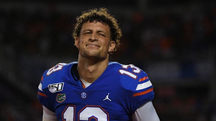 ORLANDO, FL - AUGUST 24: Feleipe Franks #13 of the Florida Gators looks on after scoring a touchdown in the second half against the Miami Hurricanes in the Camping World Kickoff at Camping World Stadium on August 24, 2019 in Orlando, Florida.(Photo by Mark Brown/Getty Images)