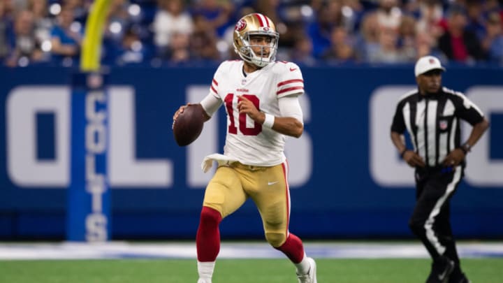 INDIANAPOLIS, IN – AUGUST 25: San Francisco 49ers quarterback Jimmy Garoppolo (10) scrambles to the outside during the NFL preseason game between the Indianapolis Colts and San Francisco 49ers on August 25, 2018, at Lucas Oil Stadium in Indianapolis, IN. (Photo by Zach Bolinger/Icon Sportswire via Getty Images)