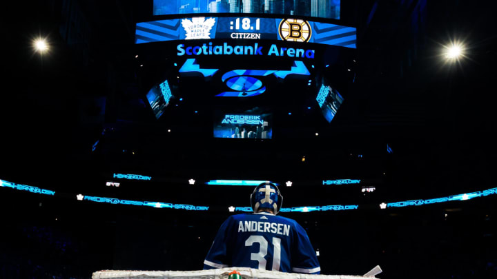 TORONTO, ON – APRIL 21: Frederik Andersen #31 of the Toronto Maple Leafs during opening ceremonies before a game against the Boston Bruins during Game Six of the Eastern Conference First Round during the 2019 NHL Stanley Cup Playoffs at the Scotiabank Arena on April 21, 2019 in Toronto, Ontario, Canada. (Photo by Kevin Sousa/NHLI via Getty Images)