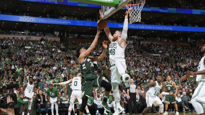BOSTON, MA - APRIL 28: Aron Baynes #46 of the Boston Celtics defends against Giannis Antetokounmpo #34 of the Milwaukee Bucks in Game Seven of Round One of the 2018 NBA. Playoffs on April 28, 2018 at the TD Garden in Boston, Massachusetts. NOTE TO USER: User expressly acknowledges and agrees that, by downloading and or using this photograph, User is consenting to the terms and conditions of the Getty Images License Agreement. Mandatory Copyright Notice: Copyright 2018 NBAE (Photo by Brian Babineau/NBAE via Getty Images)