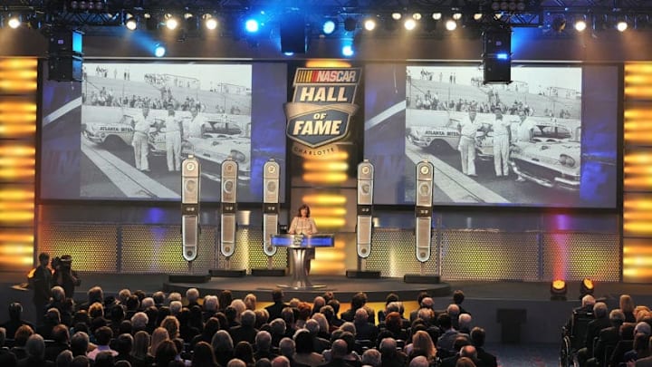 CHARLOTTE, NC - JANUARY 30: Joy Barbee, niece of Joe Weatherly, speaks on stage during the 2015 NASCAR Hall of Fame Induction Ceremony at NASCAR Hall of Fame on January 30, 2015 in Charlotte, North Carolina. (Photo by Lance King/Getty Images)