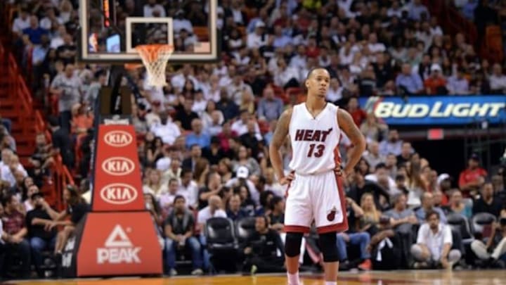 Oct 29, 2014; Miami, FL, USA; Miami Heat guard Shabazz Napier (13) during the second half against Washington Wizards at American Airlines Arena. Miami won 107-95. Mandatory Credit: Steve Mitchell-USA TODAY Sports
