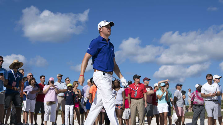 December 3, 2017; New Providence, The Bahamas; Justin Thomas walks after hitting out of the sand on the 16th hole during the final round of the Hero World Challenge golf tournament at Albany. Mandatory Credit: Kyle Terada-USA TODAY Sports