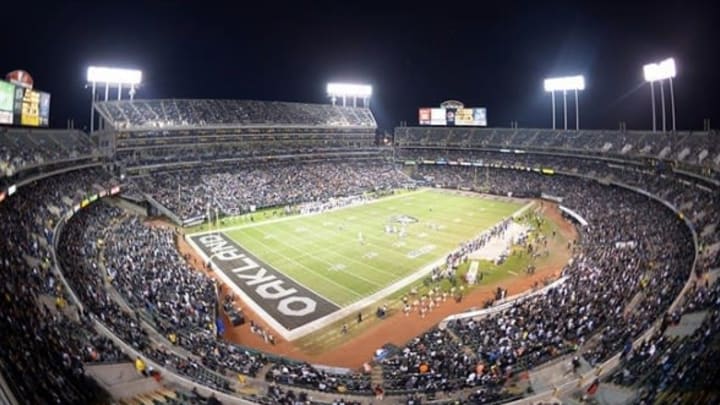 Dec 6, 2012; Oakland, CA, USA; General view of the O.co Coliseum during the NFL game between the Denver Broncos and the Oakland Raiders. The Broncos defeated the Raiders 26-13. Mandatory Credit: Kirby Lee/Image of Sport-USA TODAY Sports