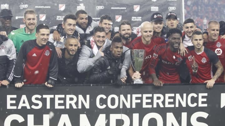 Nov 30, 2016; Toronto, Ontario, CAN; Toronto FC pose with the Eastern Conference trophy after defeating the Montreal Impact in the second leg of the MLS Eastern Conference Championship at BMO Field. Toronto defeated Montreal 5-2. Mandatory Credit: John E. Sokolowski-USA TODAY Sports