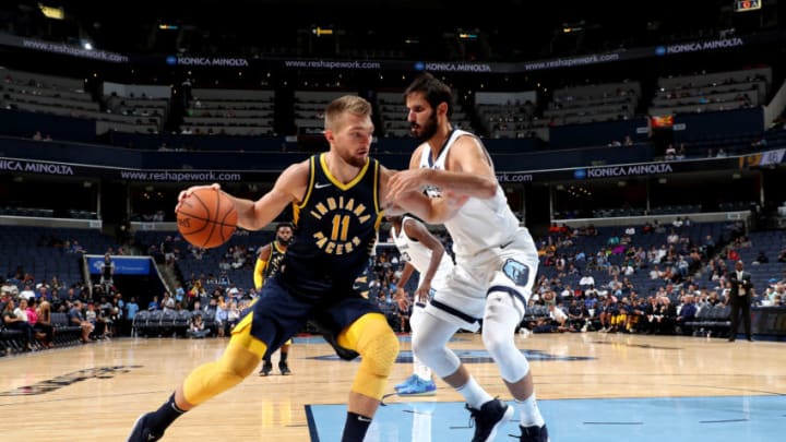 MEMPHIS, TN - OCTOBER 6: Domantas Sabonis #11 of the Indiana Pacers handles the ball against the Memphis Grizzlies during a pre-season game on October 6, 2018 at FedExForum in Memphis, Tennessee. NOTE TO USER: User expressly acknowledges and agrees that, by downloading and or using this Photograph, user is consenting to the terms and conditions of the Getty Images License Agreement. Mandatory Copyright Notice: Copyright 2018 NBAE (Photo by Joe Murphy/NBAE via Getty Images)
