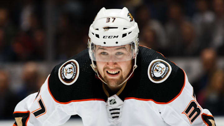TORONTO, ON - FEBRUARY 05: Nick Ritchie #37 of the Anaheim Ducks looks on against the Toronto Maple Leafs during the first period at the Air Canada Centre on February 5, 2018 in Toronto, Ontario, Canada. (Photo by Kevin Sousa/NHLI via Getty Images)