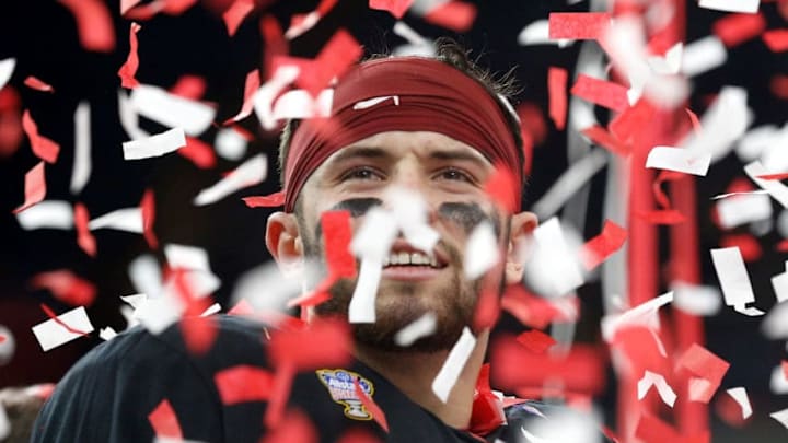 NEW ORLEANS, LA - JANUARY 02: Baker Mayfield #6 of the Oklahoma Sooners celebrates after defeating the Auburn Tigers 35-19 during the Allstate Sugar Bowl at the Mercedes-Benz Superdome on January 2, 2017 in New Orleans, Louisiana. (Photo by Jonathan Bachman/Getty Images)