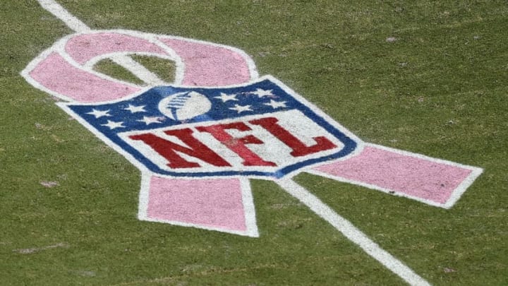 MIAMI GARDENS, FL - OCTOBER 12: The National Football League Breast Cancer Awareness logo is seen during a game between the Miami Dolphins and the Green Bay Packers at Sun Life Stadium on October 12, 2014 in Miami Gardens, Florida. (Photo by Joel Auerbach/Getty Images)
