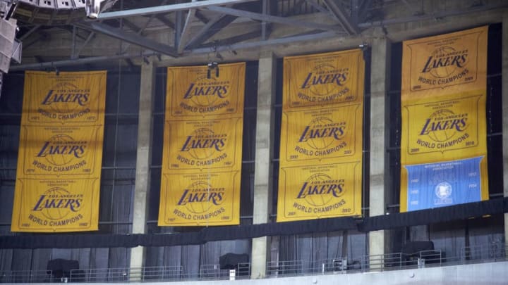 Basketball: NBA Playoffs: View of Los Angeles Lakers championship banners hanging in rafters during game vs Oklahoma City Thunder at Staples Center. Game 3.Los Angeles, CA 5/18/2012CREDIT: David E. Klutho (Photo by David E. Klutho /Sports Illustrated/Getty Images)(Set Number: X154874 TK1 R2 F2 )