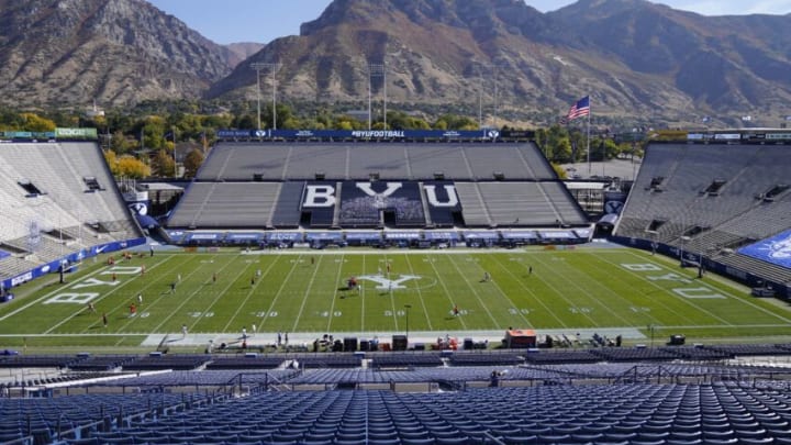 Oct 10, 2020; Provo, UT, USA; LaVell Edwards Stadium is shown before the start an NCAA college football game between BYU and UTSA Saturday, Oct. 10, 2020, in Provo, Utah. Mandatory Credit: Rick Bowmer/Pool Photo-USA TODAY Sports