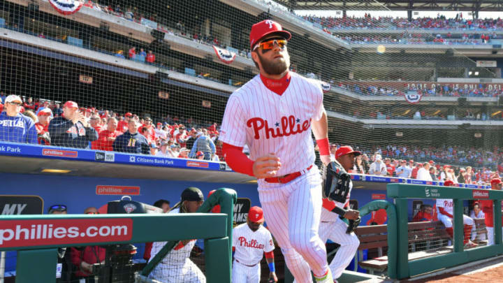 PHILADELPHIA, PA - MARCH 28: Bryce Harper #3 of the Philadelphia Phillies runs onto the field before the game against the Atlanta Braves on Opening Day at Citizens Bank Park on March 28, 2019 in Philadelphia, Pennsylvania. (Photo by Drew Hallowell/Getty Images)