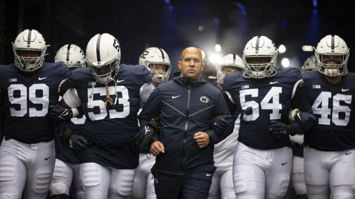 STATE COLLEGE, PA – OCTOBER 23: Head coach James Franklin of the Penn State Nittany Lions leads the team onto the field before the game against the Illinois Fighting Illini at Beaver Stadium on October 23, 2021, in State College, Pennsylvania. (Photo by Scott Taetsch/Getty Images)