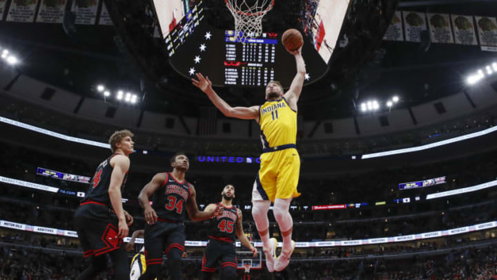 Mar 6, 2020; Chicago, Illinois, USA; Indiana Pacers forward Domantas Sabonis (11) drives to the basket against the Chicago Bulls during the first half at United Center. Mandatory Credit: Kamil Krzaczynski-USA TODAY Sports