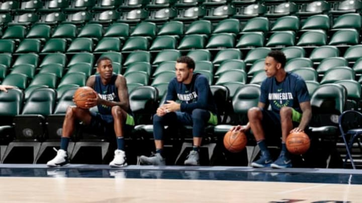 INDIANAPOLIS, IN – DECEMBER 31: Jamal Crawford #11 Tyus Jones #1 and Jeff Teague #0 of the Minnesota Timberwolves sit along the bench during warm ups prior to the game Indiana Pacers on December 31, 2017 at Bankers Life Fieldhouse in Indianapolis, Indiana. NOTE TO USER: User expressly acknowledges and agrees that, by downloading and or using this Photograph, user is consenting to the terms and conditions of the Getty Images License Agreement. Mandatory Copyright Notice: Copyright 2017 NBAE (Photo by Ron Hoskins/NBAE via Getty Images)