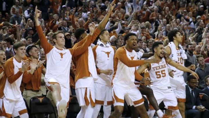 AUSTIN, TEXAS - JANUARY 19: The Texas Longhorn's bench reacts during second half action as they defeat the Oklahoma Sooners 75-72 at The Frank Erwin Center on January 19, 2019 in Austin, Texas. (Photo by Chris Covatta/Getty Images)