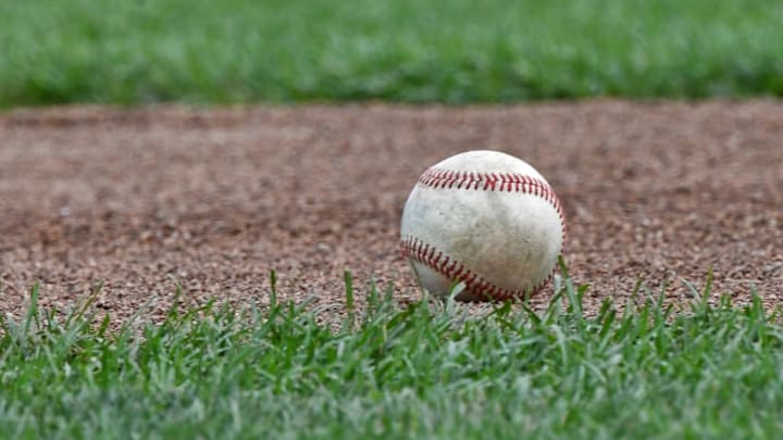 OMAHA, NE - JUNE 26: A general view of a baseball on the field during batting practice before game one of the College World Series Championship Series between the Arkansas Razorbacks and the Oregon State Beavers on June 26, 2018 at TD Ameritrade Park in Omaha, Nebraska. (Photo by Peter Aiken/Getty Images)