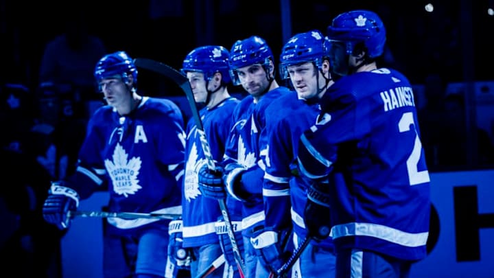 TORONTO, ON - NOVEMBER 1: Ron Hainsey #2, Morgan Rielly #44. John Tavares #91, Zach Hyman #11, and Patrick Marleau #12 of the Toronto Maple Leafs stand on the ice during playing introductions before facing the Dallas Stars at the Scotiabank Arena on November 1, 2018 in Toronto, Ontario, Canada. (Photo by Mark Blinch/NHLI via Getty Images)