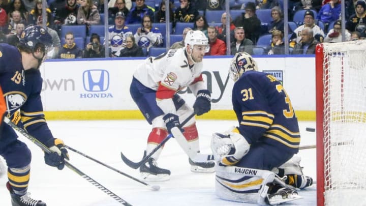 BUFFALO, NY - FEBRUARY 01: Florida Panthers Right Wing Colton Sceviour (7) tracks shot as it flies past Buffalo Sabres Goalie Chad Johnson (31) for goal during the Florida Panthers and Buffalo Sabres NHL game on February 1, 2018, at KeyBank Center in Buffalo, NY. (Photo by John Crouch/Icon Sportswire via Getty Images)
