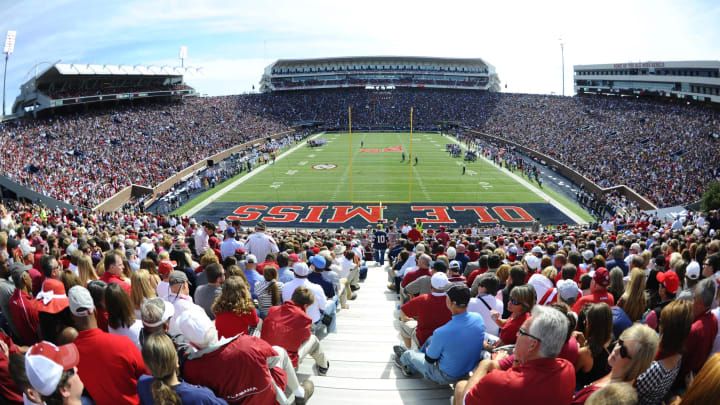 Oct 4, 2014; Oxford, MS, USA; General view of Vaught-Hemingway Stadium during the first half of the Mississippi Rebels game against Alabama Crimson Tide at Vaught-Hemingway Stadium. Mandatory Credit: Christopher Hanewinckel-USA TODAY Sports