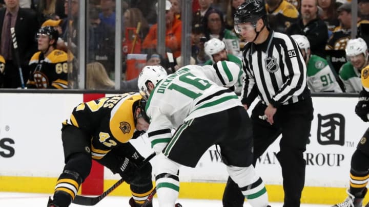BOSTON, MA - NOVEMBER 05: Boston Bruins center David Backes (42) beats Dallas Stars center Jason Dickinson (16) on the face off during a game between the Boston Bruins and the Dallas Stars on November 5, 2018, at TD Garden in Boston, Massachusetts. (Photo by Fred Kfoury III/Icon Sportswire via Getty Images)
