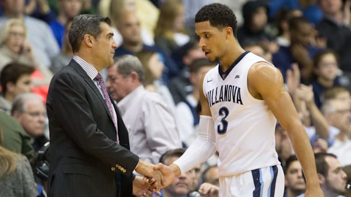 Dec 21, 2016; Villanova, PA, USA; Villanova Wildcats head coach Jay Wright (L) shakes hands with guard Josh Hart (3) as he leaves the game during the second half against the American University Eagles at The Pavilion. the Villanova Wildcats won 90-48. Mandatory Credit: Bill Streicher-USA TODAY Sports