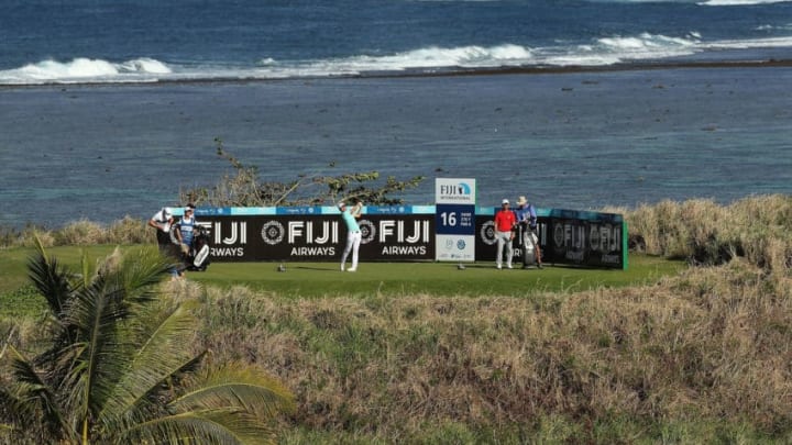 SUVA, FIJI - AUGUST 18: Jeunghun Wang of South Korea hits his tee shot on the 16th hole hole during day two of the 2017 Fiji International at Natadola Bay Championship Golf Course on August 18, 2017 in Suva, Fiji. (Photo by Mark Metcalfe/Getty Images)