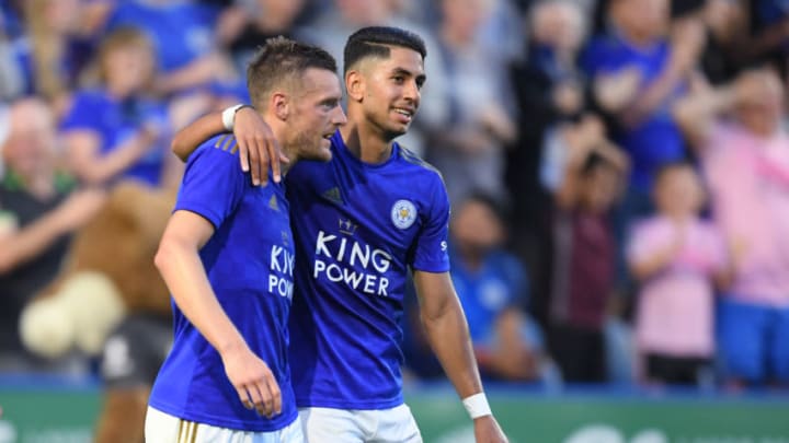 LEICESTER, ENGLAND - AUGUST 02: Jamie Vardy of Leicester celebrates his goal to make it 2-0 with Ayoze Perez during the Pre-Season Friendly match between Leicester City and Atalanta at The King Power Stadium on August 02, 2019 in Leicester, England. (Photo by Michael Regan/Getty Images)