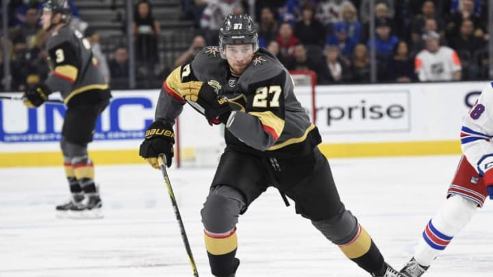 LAS VEGAS, NV – JANUARY 7: Shea Theodore #27 of the Vegas Golden Knights skates against the New York Rangers during the game at T-Mobile Arena on January 7, 2018, in Las Vegas, Nevada. (Photo by Jeff Bottari/NHLI via Getty Images)