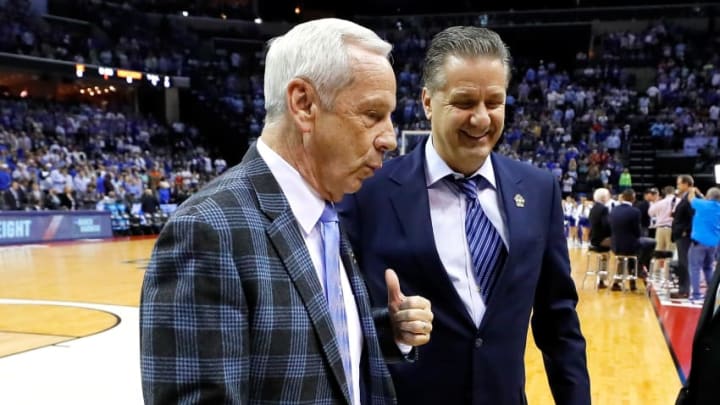 MEMPHIS, TN - MARCH 26: Head coach Roy Williams of the North Carolina Tar Heels and head coach John Calipari of the Kentucky Wildcats walk off the court before their game during the 2017 NCAA Men's Basketball Tournament South Regional at FedExForum on March 26, 2017 in Memphis, Tennessee. (Photo by Kevin C. Cox/Getty Images)