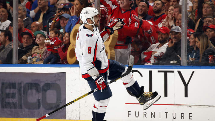SUNRISE, FL – NOVEMBER. 7: Alex Ovechkin #8 of the Washington Capitals celebrates his goal during the second period against the Florida Panthers at the BB&T Center on November 7, 2019 in Sunrise, Florida. (Photo by Eliot J. Schechter/NHLI via Getty Images)