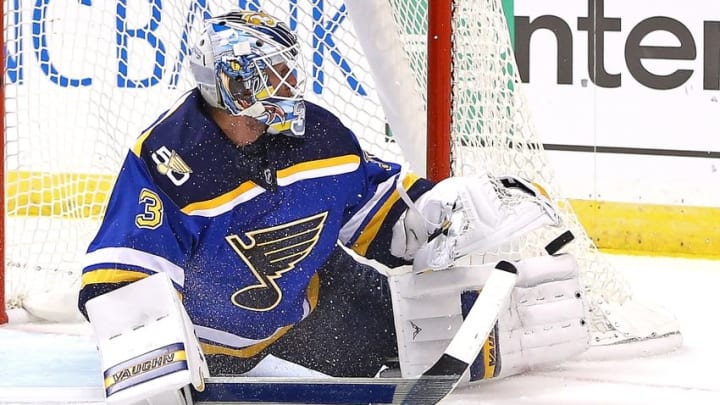 Oct 13, 2016; St. Louis, MO, USA; St. Louis Blues goalie Jake Allen (34) makes a save on a shot during the first period against Minnesota Wild at Scottrade Center. Mandatory Credit: Billy Hurst-USA TODAY Sports