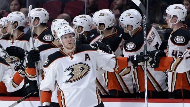 Mar 22, 2016; Montreal, Quebec, CAN; Anaheim Ducks forward Corey Perry (10) celebrates after scoring a goal against the Montreal Canadiens during the second period at the Bell Centre. Mandatory Credit: Eric Bolte-USA TODAY Sports
