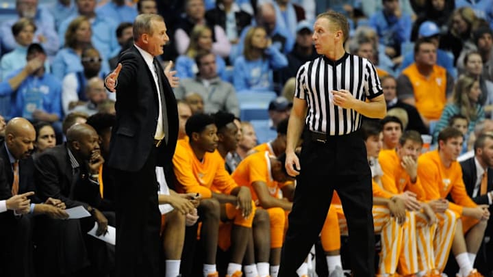 CHAPEL HILL, NC - DECEMBER 11: Head coach Rick Barnes of the Tennessee Volunteers speaks with a referee during their game against the North Carolina Tar Heels at Dean Smith Center on December 11, 2016 in Chapel Hill, North Carolina. (Photo by Jared C. Tilton/Getty Images)