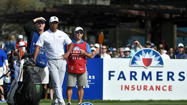SAN DIEGO, CA - JANUARY 27: Tiger Woods looks on on the first tee during the third round of the Farmers Insurance Open at Torrey Pines South on January 27, 2018 in San Diego, California. (Photo by Donald Miralle/Getty Images)